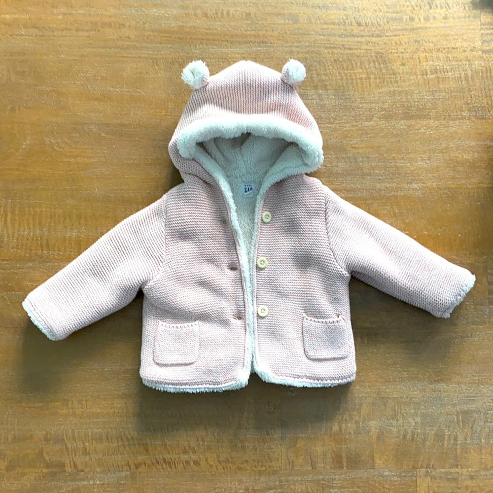 Baby GAP - light pink bear sweater fuzzy internal lining, size: 6-12 months